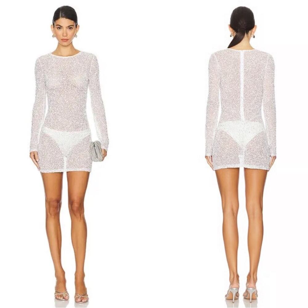 RETROFETE Emani Sequin Embellished Long Sleeve Sheer White Mini Dress Size Small